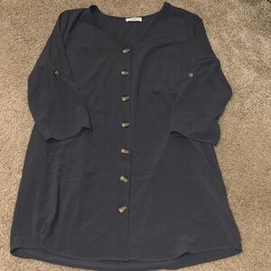 Grey Button-Front Tunic Dress Pockets